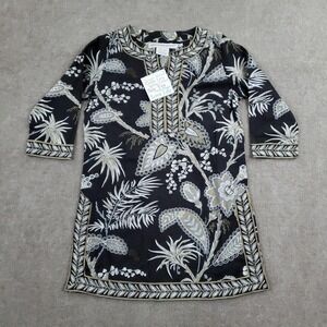 Gretchen Scott Tunic‎ Shirt Womens XXS Black White Tropical Floral 3/4 Sleeve